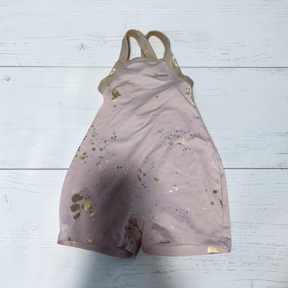 Justice Girls Pink Gold Splatter Gymnastics Biketard Leotard Size S 7/8 JS3C4